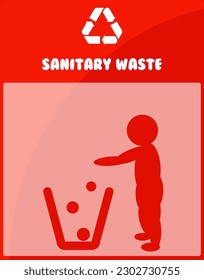 Icono para la servilleta permitida, papel, toallas, toalla en el icono de la silueta roja de la cesta de residuos. Mujer, por favor, lanza basura en bandeja