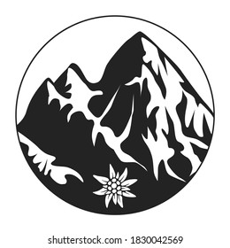 Icon Of The Alps. Snow-capped mountains in a circle with an Edelweiss flower. Vector illustration isolated on a white background in a simple flat style for design and web.