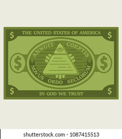 Icon American Dollar banknote. On the banknote, the all-seeing eye in the pyramid and the dollar signs.