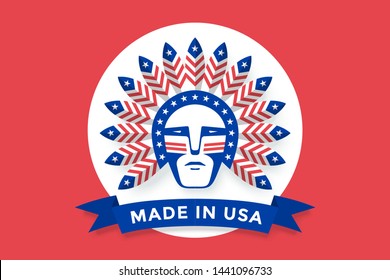 Icon of American man with Indian chief feathers on the head and inscription Made in USA. Set of symbols and design elements for Independence Day in United States of America. Vector Illustration