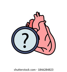 Icon of anatomical human heart. Question sign. Vector illustration.