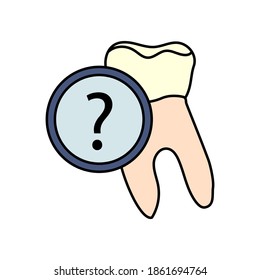Icon of anatomical tooth. Question sign. Vector illustration.