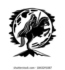 Icon of an ancient warrior with a sword riding a horse on a background of the moon.