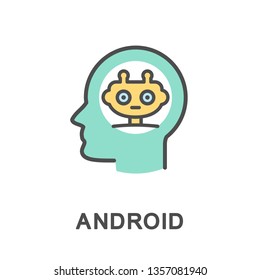 Icon android. Synthetic robot looks like a man. The thin contour lines with color fills.