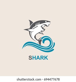 icon of angry shark with sea waves