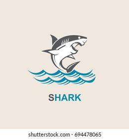 icon of angry shark with sea waves
