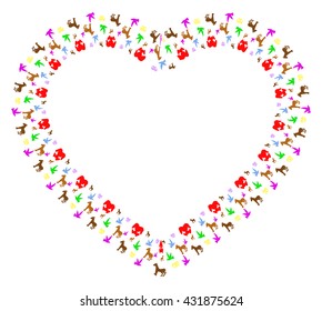 Icon animals, donkey, rabbit, bird, frame heart, on white background, vector