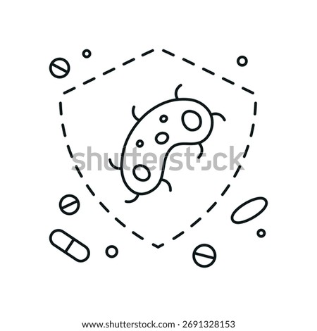 
Icon of an antibiotic-resistant bacterium. Minimalist thin-line design shows a microbe shielded from pills, symbolizing superbugs and the global threat of antibiotic resistance.