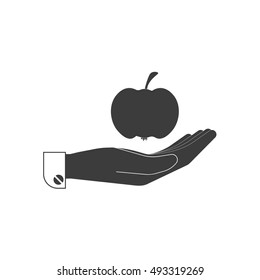 Icon, apple, fruit on the human palm in black. Stylish vector illustration