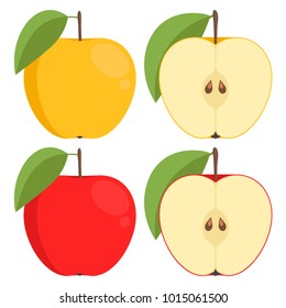 Icon Apple on white background,  set. Vector flat illustration. whole fruit and half. isolate.