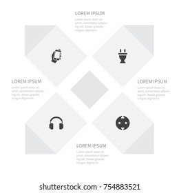 Icon Appliance Set Of Calling, Adapter, Earphone And Other Vector Objects. Also Includes Outlet, Earphone, Phone Elements.