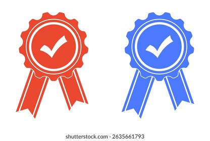 Icon of approval, quality or verification with a tick. Award sign with ribbons. Symbol of quality, award, trophy. In a flat style logo. Vector illustrations EPS10