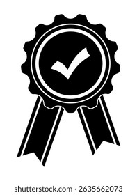 Icono de Aprobación, calidad o verificación con una garrapata. Letrero de premio con cintas. Símbolo de calidad, premio, trofeo. En un logotipo de estilo plano. Ilustraciones vectoriales EPS10