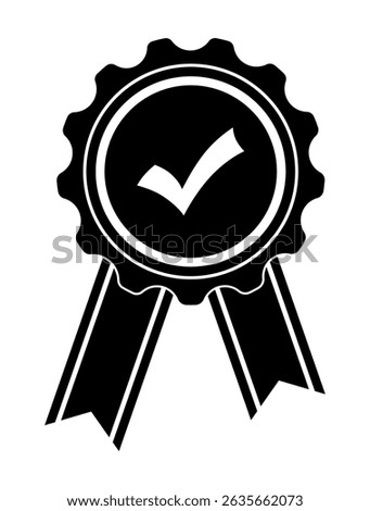 Icon of approval, quality or verification with a tick. Award sign with ribbons. Symbol of quality, award, trophy. In a flat style logo. Vector illustrations EPS10