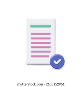 Icon of approved document. Check mark icon and paper document file 3d icon Paperwork concept.