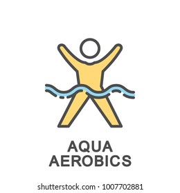 Icon Aqua Aerobics. Physical Exercises In The Water Under Musical Accompaniment. The Thin Contour Lines With Color Fills.