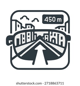 Icono AR Navegación para ciudades: Gafas inteligentes superponiendo flechas direccionales e información en una calle.