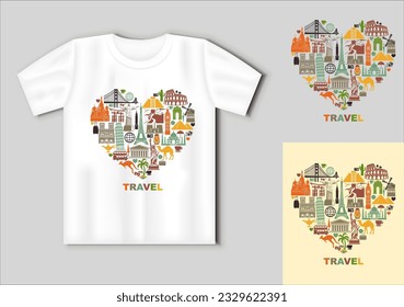 Icon architectural monuments of the world in the shape of a heart. Travel concept with t-shirt mockup