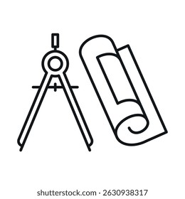 Icon of architectural project tools including compass and folded drawing for design purposes
