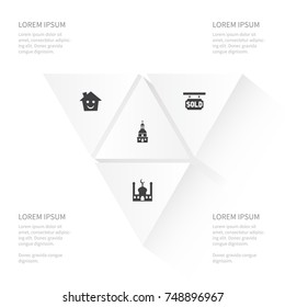 Icon Architecture Set Of Mosque, Mortgage, Sold Sign And Other Vector Objects. Also Includes Sold, Mortgage, Catholic Elements.
