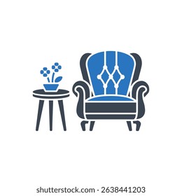 Icon of an armchair beside a flower pot on a table.