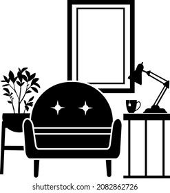 The icon is an armchair, a table with a lamp and a flower, a black silhouette. Highlighted on a white background. Vector illustration. A series of business icons.