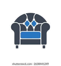 Icon of an armchair with a tufted design and cushion.