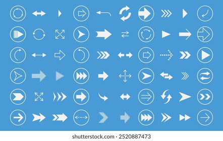 Icon arrow. Button sign. UI navigation interface. Cursor element. Pointer symbol. Right and left direction. Abstract logo in round shape. Next and repeat. Forward line pictogram. Vector garish set