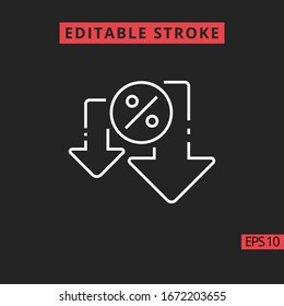 Icon Arrow down or drop with percent line, outline vector sign, linear style pictogram isolated on black. Contains such Investment, Loan, Business and Loan. Sign or symbol, Editable Stroke.