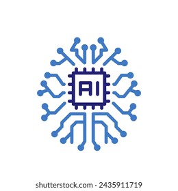 Icon for artificial intelligence. ai brain icon with circuits and central chip, vector thin line illustration for artificial intelligence, machine learning, and technology innovation