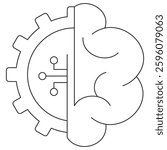 Icon of artificial intelligence and automation, featuring a brain and a gear with circuit elements, symbolizing AI, machine learning, and technology. Vector illustration with thin black lines on a tra