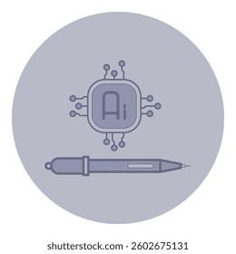 Icon of artificial intelligence symbol, surrounded by circuit-like lines, accompanied by pen. Creativity and technology fusion concept