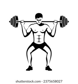 Icon athlete with barbell. Black silhouette lifts the barbell. Weight in muscular hand. Bodybuilder in training. Sports fitness lifestyle. Vector illustration flat design. Isolated on white background