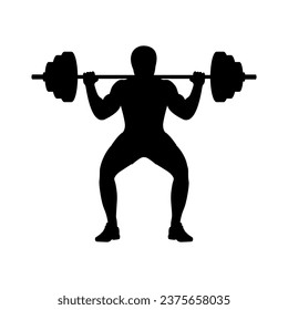 Icon athlete with barbell. Black silhouette lifts the barbell. Weight in muscular hand. Bodybuilder in training. Sports fitness lifestyle. Vector illustration flat design. Isolated on white background