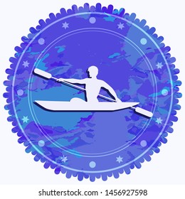 Icon - athlete on the kayak - round, blue grunge - isolated on white background - vector. Water sports. Summer rest.