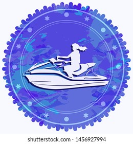 Icon - athlete on the scooter - round, blue grunge - isolated on white background - vector. Water sports. Summer rest.