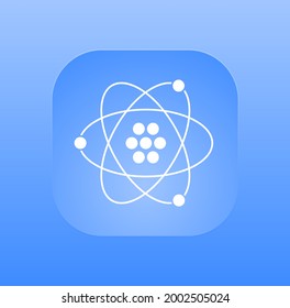 Icon of the atom. Protons, neutrons, electrons and gamma waves, . Illustration of molecule structure. Isolated vector illustration on blue background. 