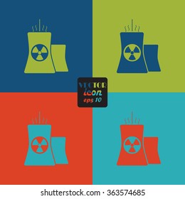 Icon of atomic power station with radiation sign on pipe