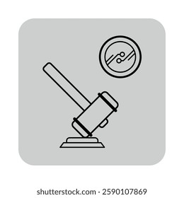 Icon of auction gavel beside gauge representing cryptocurrency trading. Online auctions and digital currencies concept