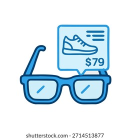 Icon "Augmented Reality (AR) in Retail" - AR Gläser projizieren Produktinformationen über ein Bild von Schuhen.