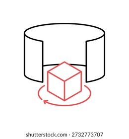 Ícone uma vista panorâmica de realidade aumentada com cubo 3D, isolado contra um fundo limpo.