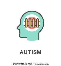 Icon autism. When autism is broken contact with others. Life behind the fence. The thin contour lines with color fills.