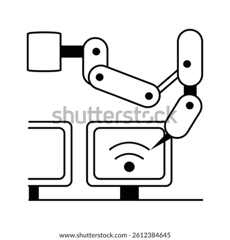 Icon of an automated robotic arm assembly line focused on LCD screen production
