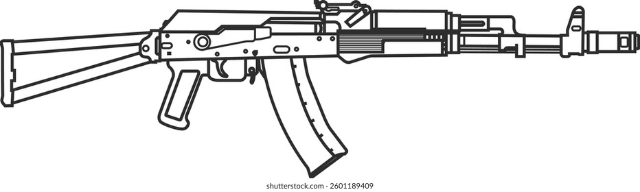 Icon of automatic rifle with folding metal stock, AKS for airborne troops, black line.
