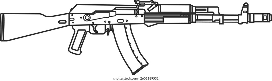 Icon of an automatic rifle modernized with a plastic butt AK line in black color.