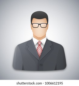 Icon or avatar of a businessman or office worker in glasses. Successful young man dressed in a gray business suit and red striped tie. Vector illustration