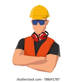 Icon. Avatar. A construction worker in a yellow hard hat, safety glasses, and headphones with arms crossed. In an orange vest.