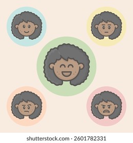 Icon avatar of cute black girl face inside a circle with five moods: Delighted, happy, annoyed, disappointed, angry