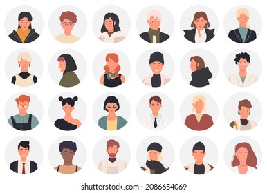 Icon avatars of different young or old people vector illustration set. Cartoon round profile avatars with heads of man and woman, circle human portrait collection for social media isolated on white