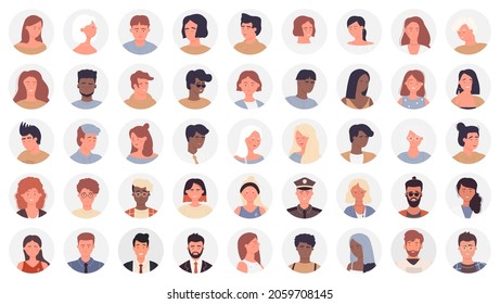 Icono avatares de personas, diferente profesión y conjunto de ilustraciones vectoriales de edad. avatar redondo de caricatura para hombre mujer, personaje de trabajador empresarial, gerente profesional, estudiante y profesor aislado en blanco